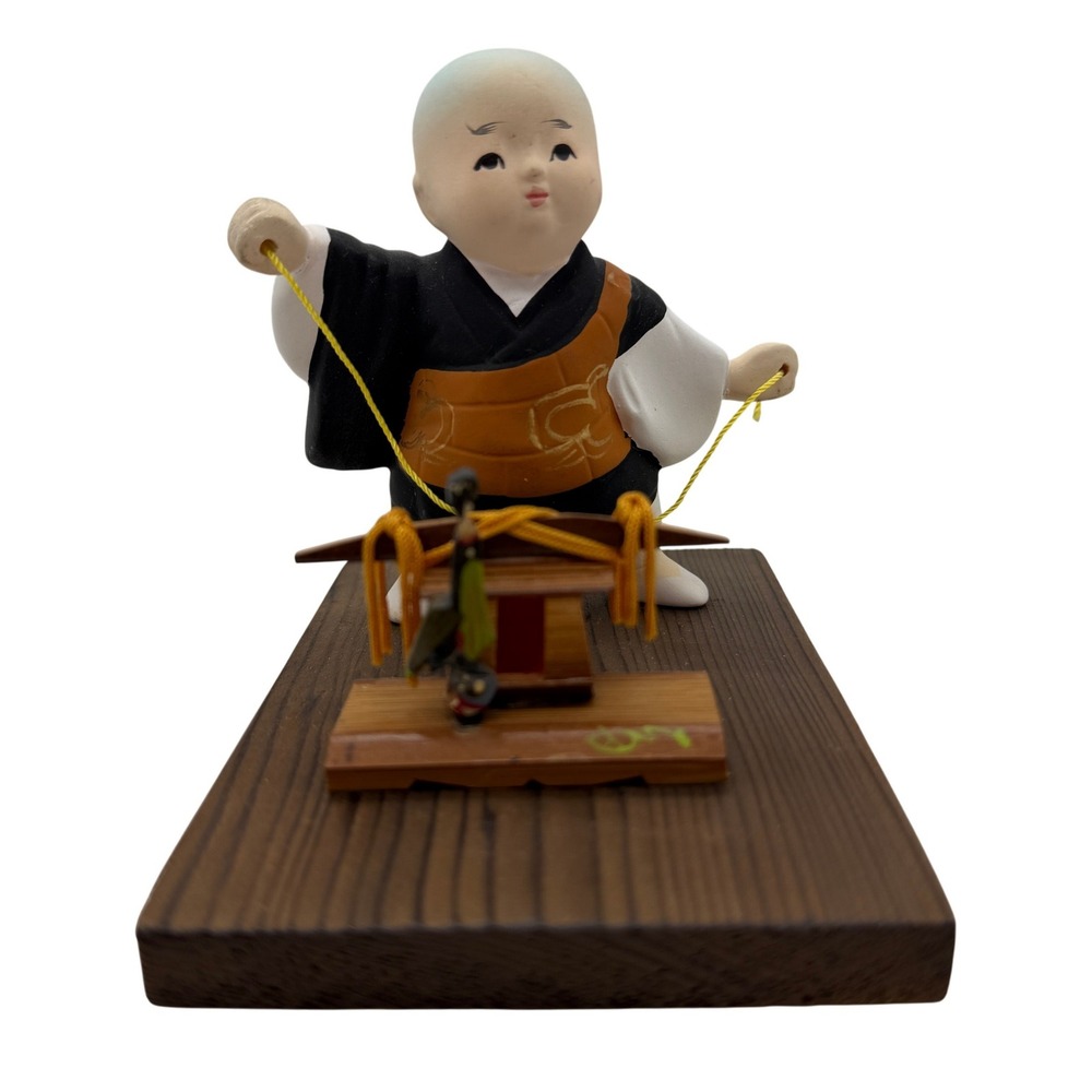 VTG Japanese Hakata Doll Young Monk Figure on Wood Base Cultural Decor
